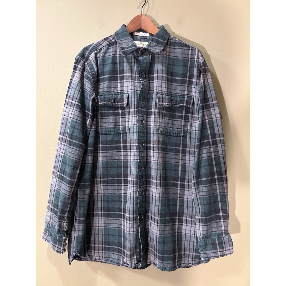 L.L. Bean Chamois Cloth Green Plaid Shirt Mens Sz L Tall Traditional Fit Outdoor